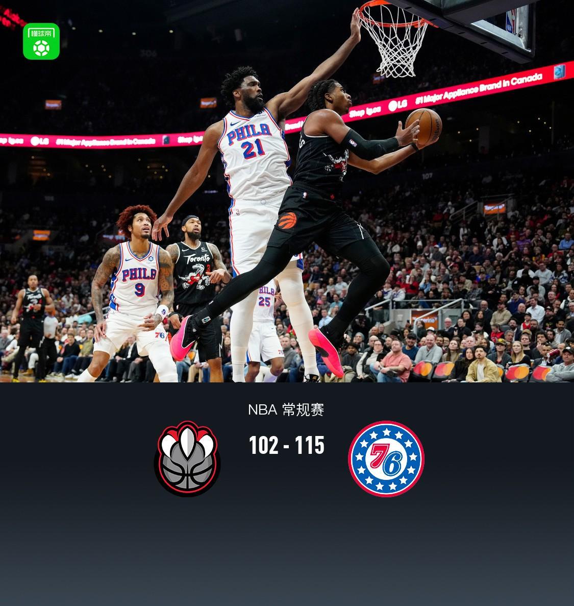 世界杯客户端下载安装-76人115-102猛龙，马克西33+4+2，恩比德27+8